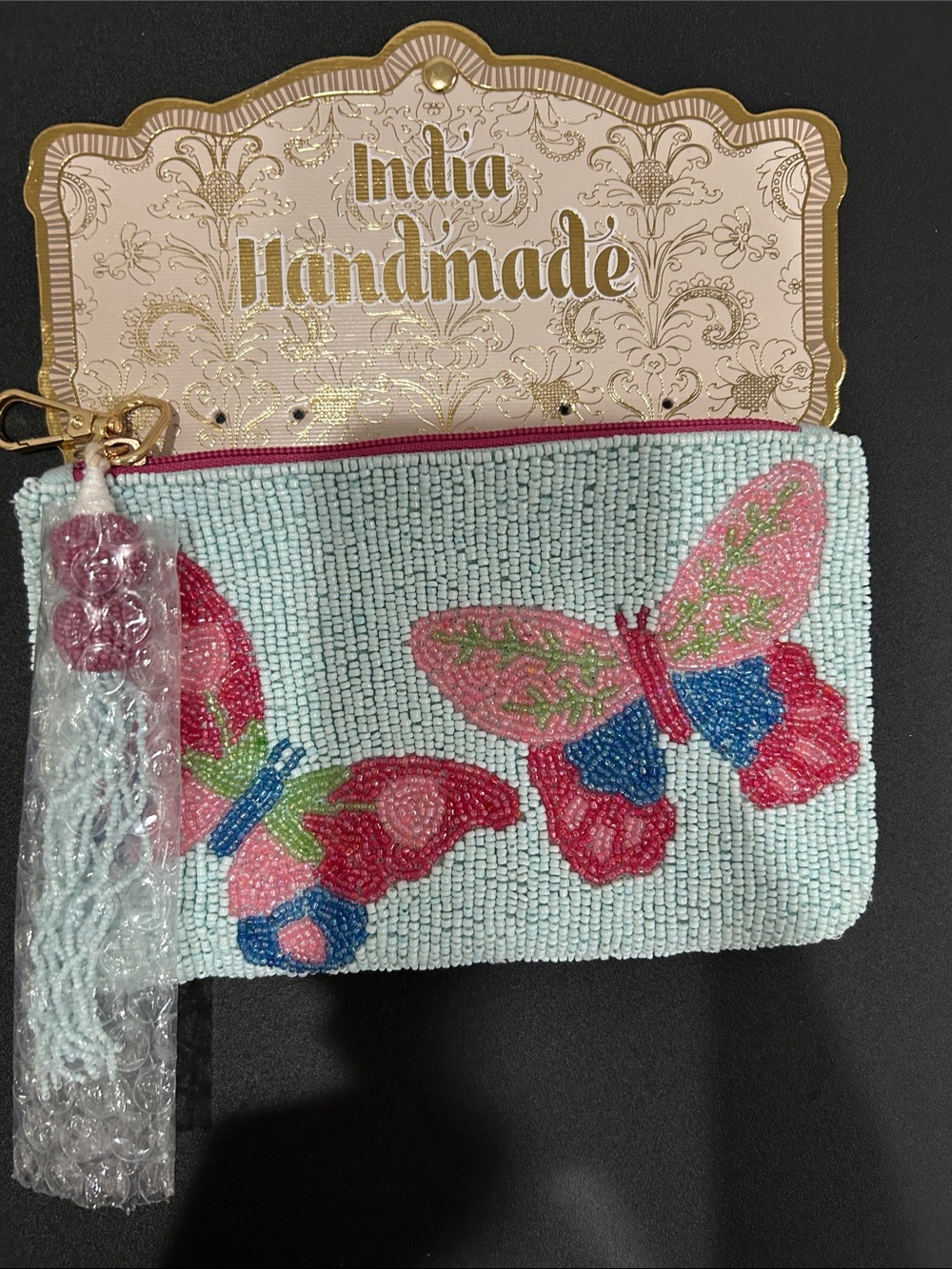 India Handmade Beaded Butterfly Pouch - Pastel Blue & Pink